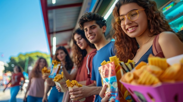 Foto amici adolescenti che mangiano fast food fuori da un negozio che si godono degli spuntini insieme gioventù e amicizia