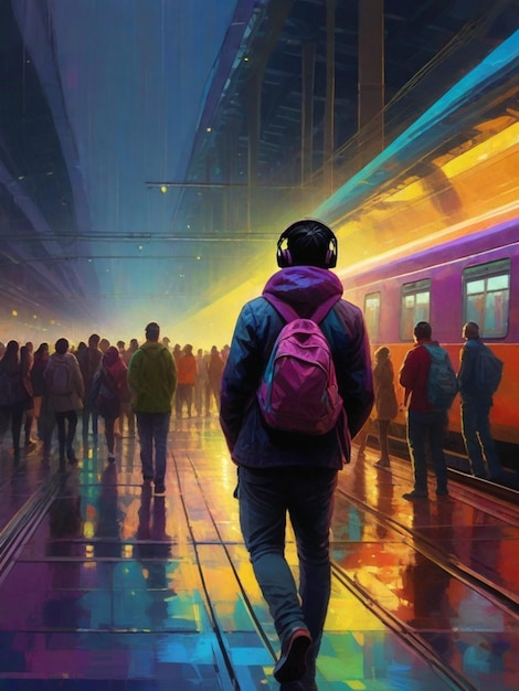 Foto una ragazza adolescente si muove in una stazione della metropolitana indossando un auricolare casuale in un'atmosfera fantastica di neon