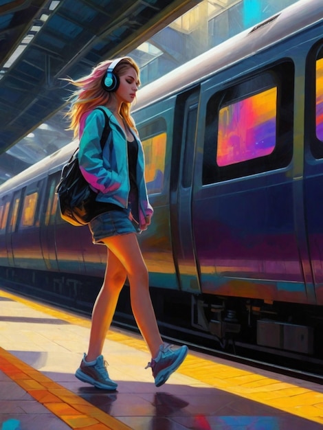 Teen girl cmmute in train metro station wearing casual earphone in a fantasy neon glow atmosphere