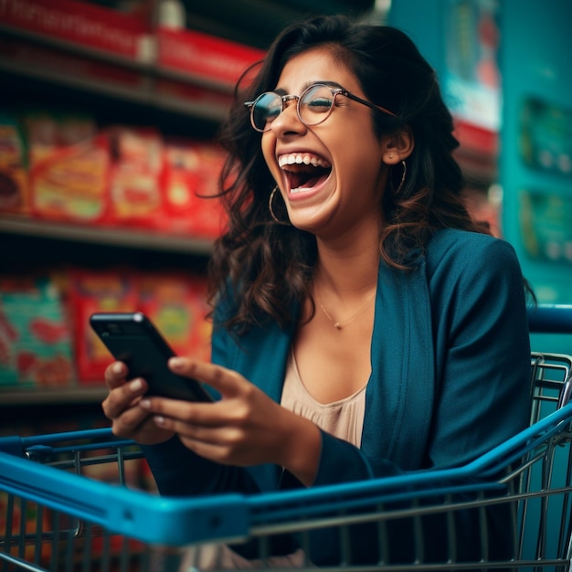 teen girl in culottes and blue coat sits in supermarket trolley model in glasses