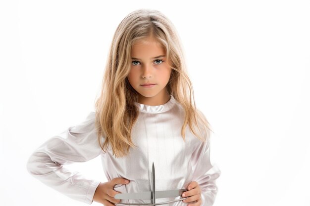 Teen girl in fencing costume with sword in hand on black background