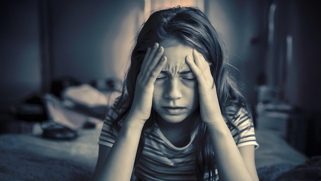 Teen girl having panic attack feeling dizzy headache massaging