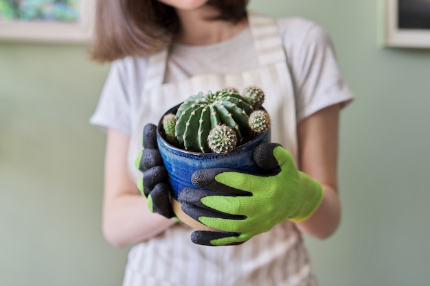 鍋にサボテンを保持している10代の少女。趣味とレジャー、家庭菜園、観葉植物、鉢植えの友達のコンセプト