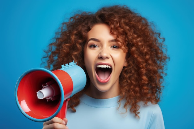 Foto ragazza adolescente che fa un annuncio con un megafono sullo sfondo blu