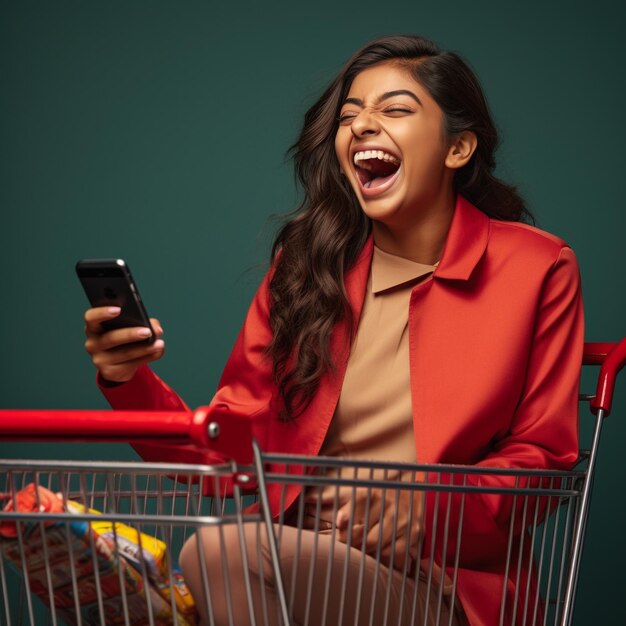 teen girl in red coat sits in supermarket trolley model happy and smiling