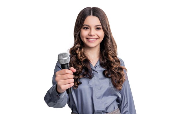 Photo teen girl speaker in studio selective focus teen girl speaker on background