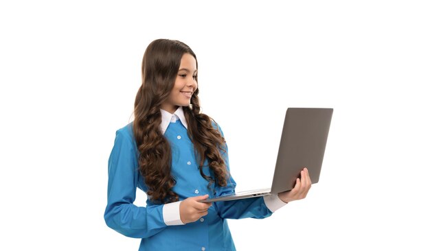 Teen girl use laptop for blogging webinar at online education back to school