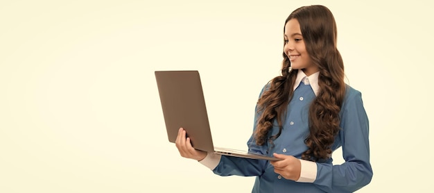 Teen girl use laptop for blogging webinar at online education school girl portrait with laptop