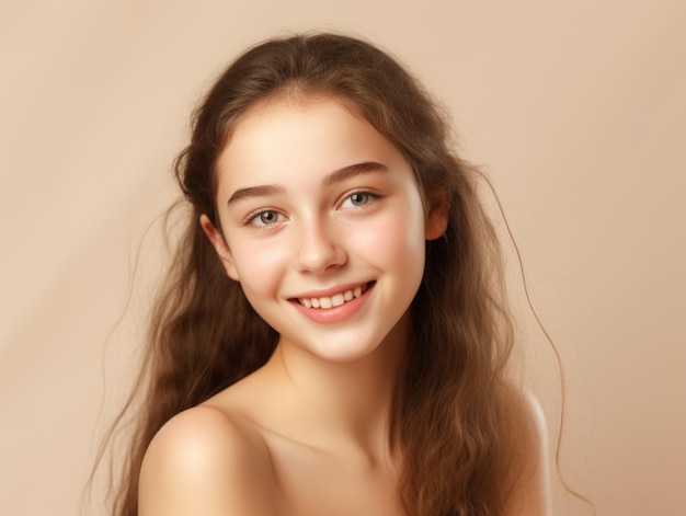 Photo teen girl with perfect skin on beige background skin care concept