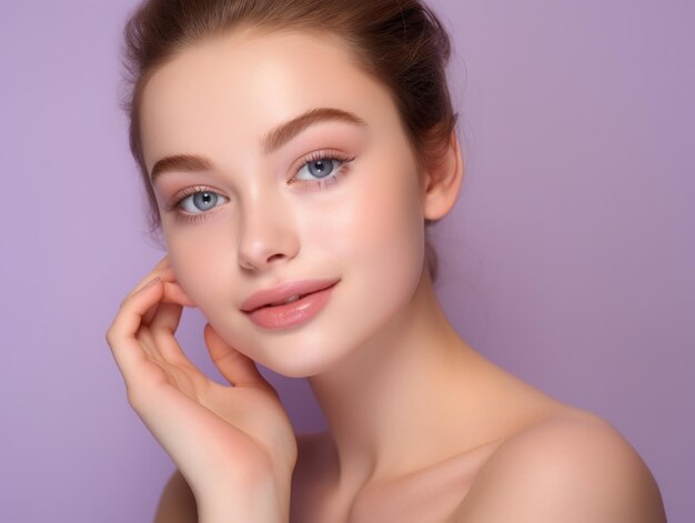 Teen girl with perfect skin on violet background skin care concept