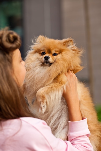 Teen girl with pet animal small dog holding in a hands outdoor in a park.