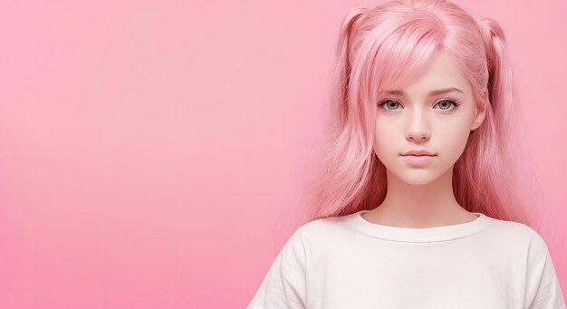 Photo teen girl with pink hair on pink background like a doll portrait of young woman with pink hair perfect hairstyle and hair coloring generative ai