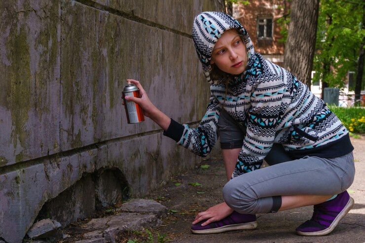 Teen girl with spray paint looks around, about to write graffiti on the wall