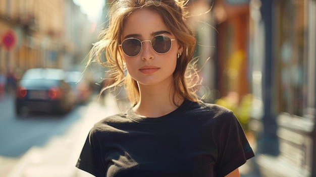 Молодая девушка в черной футболке в обычном городском стиле