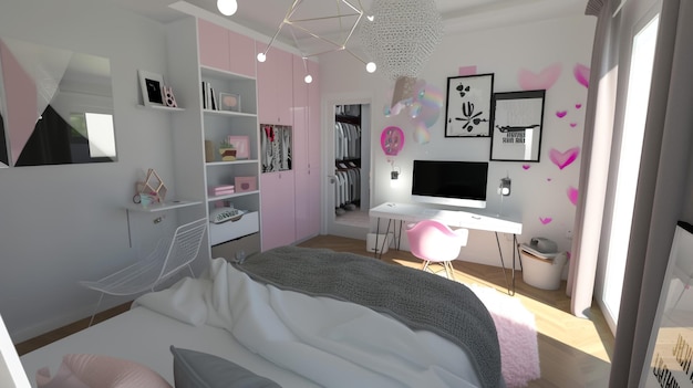 Photo teen girls room ikea area 14m2 bed desk and large closet a lot of light