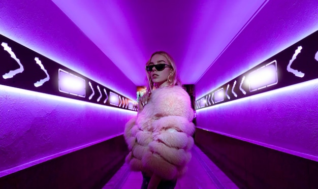 Teen hipster girl standing in neon lights on street portrait