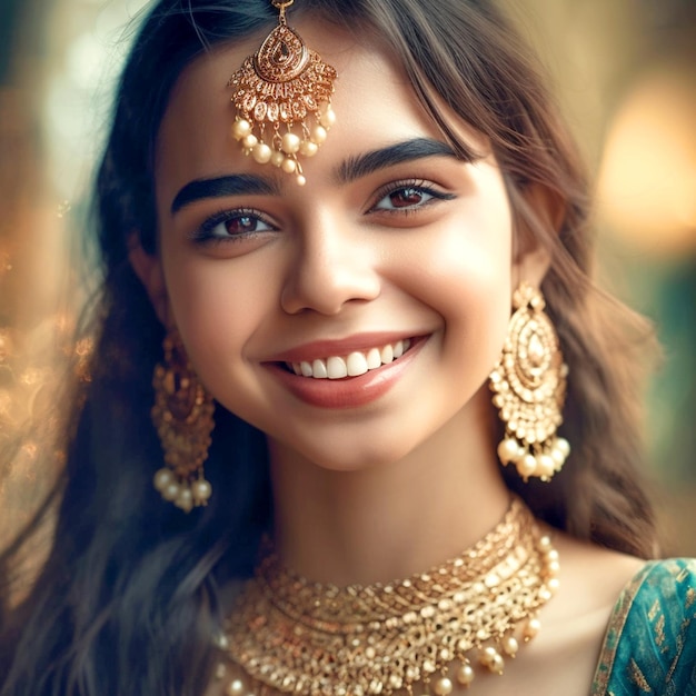 A teen Indian girl in a saree and jewelry in a blurred background