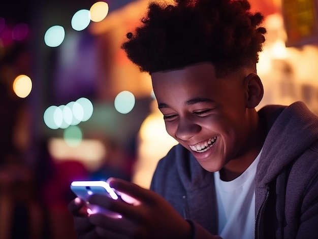 Photo a teen laughs at his phone at night in the city