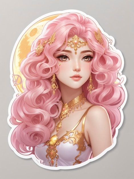 Teen Moon Goddess Sticker RPGStyle with Pink and Gold Hair