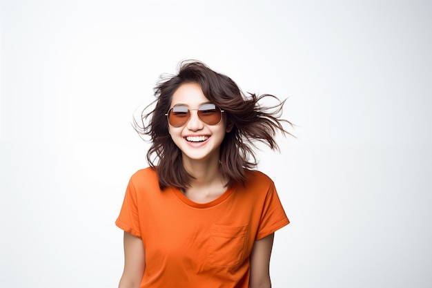 Молодая красивая японская девушка на изолированном белом фоне с солнцезащитными очками
