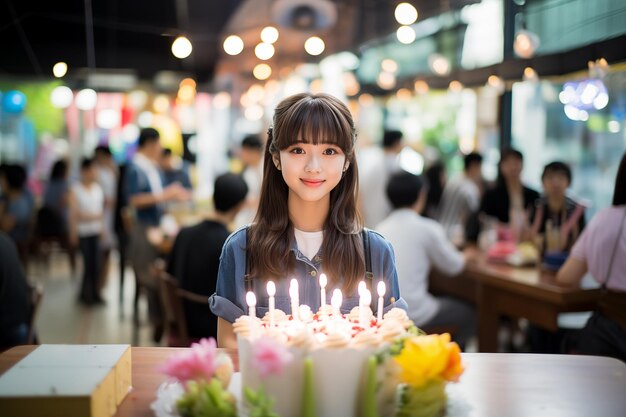 Молодая красивая японская девушка на открытом воздухе с тортом на день рождения