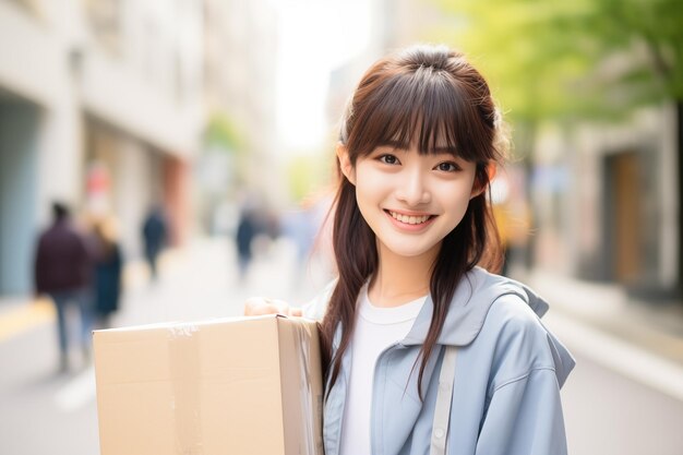 Teen pretty Japanese girl at outdoors holding delivery box