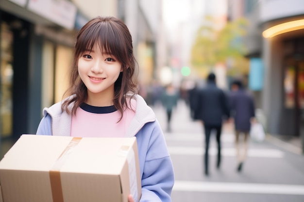 Teen pretty Japanese girl at outdoors holding delivery box