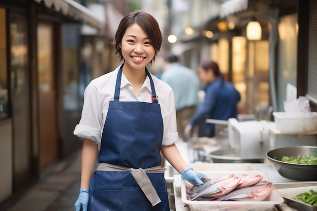 Teen pretty Japanese girl at outdoors holding a raw fish