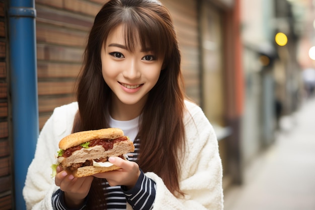 Photo teen pretty japanese girl at outdoors holding a sandwich