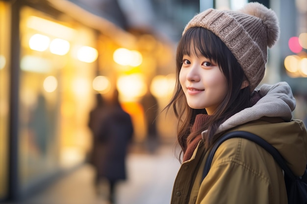 Молодая красивая японская девушка на открытом воздухе в зимней одежде