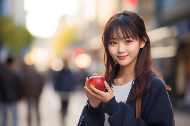 Teen pretty Japanese girl at outdoors with an apple