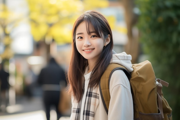 Teen pretty Japanese girl at outdoors with a student backpack