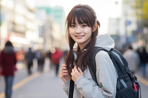 Foto una bella ragazza giapponese adolescente all'aperto con uno zaino da studente