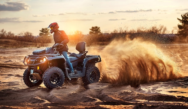 Teen riding ATV in sand dunes making a turn in the sand