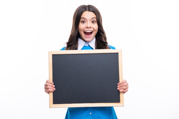 Teen schoolgirl hold blackboard Child advertising Back to school