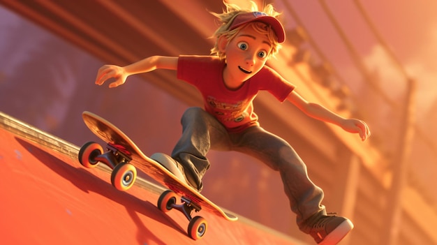 Teen skateboarder with spiky blonde hair and blue eyes effortlessly executes a jawdropping trick in a vibrant park scene capturing the exhilarating energy of youth and the spirit of skateb