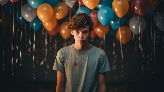 Photo a teen suffering from depression with balloons in the backgroundgenerative ai