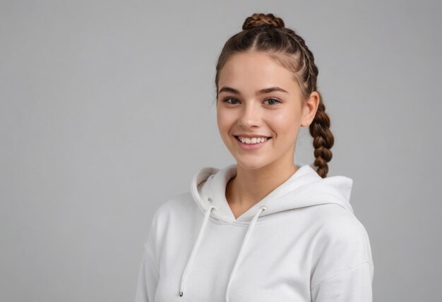 A teen with a braid smiles in a white hoodie presenting a relaxed and youthful appearance