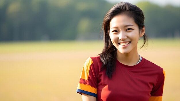 A teenage asian girl wearing tshirt and standing on the field