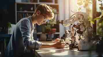 Photo teenage boy assembling a robotic contructor on table