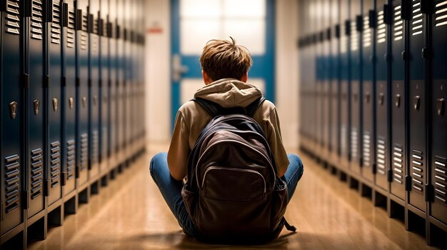 Foto ragazzo adolescente che fa il bullo seduto accanto all'armadietto contro il corridoio della scuola ai generativa
