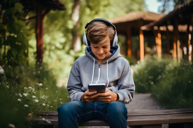 Photo teenage boy enjoying music on headphones while browsing his phone on a park bench generative ai