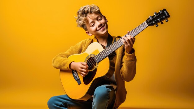 Teenage boy playing guitar on yellow background