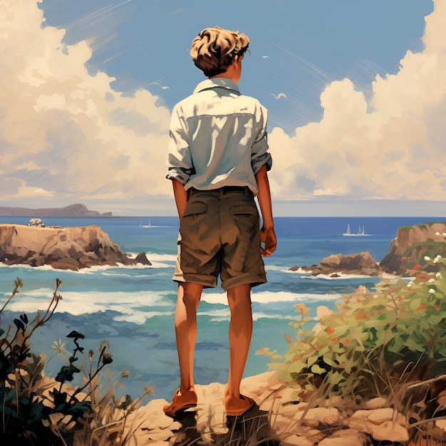 A teenage boy stands with his back to us on the seashore illustration AI generation