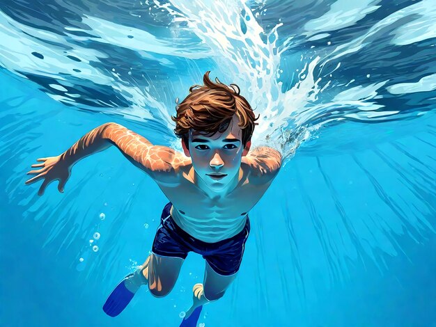 Teenage Boy Swimming in Blue Water AI_Generated