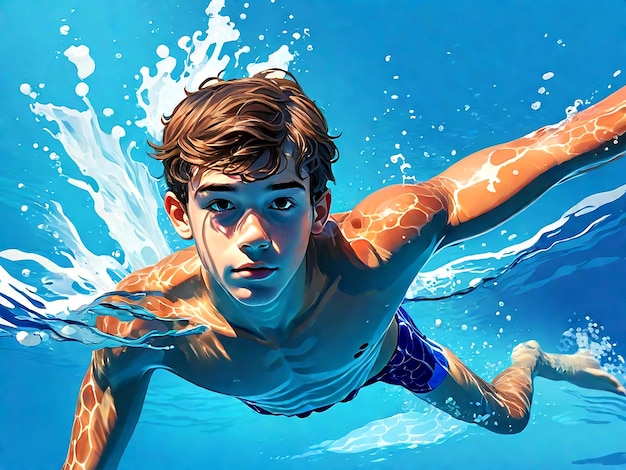 Teenage Boy Swimming in Blue Water AI_Generated