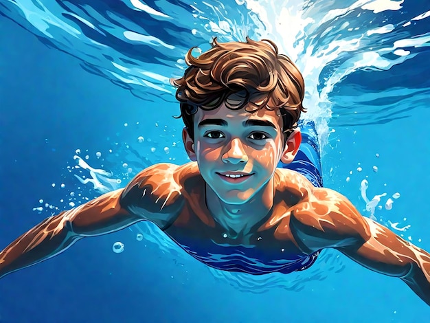 Teenage Boy Swimming in Blue Water AI_Generated