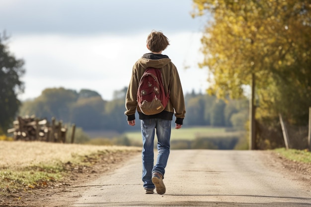 팀버랜드로 둘러싸인 시골길을 걷고 있는 10대 소년 고요한 시간을 즐기는 젊은이