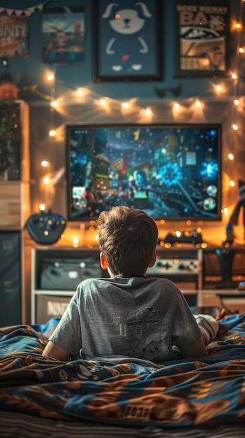 Teenage Boy Watching TV in Modern Bedroom