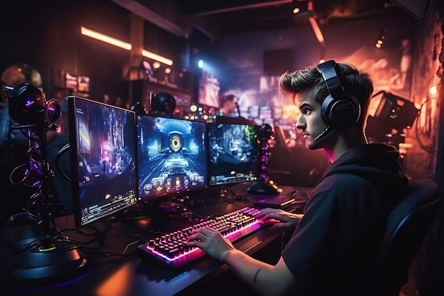 Teenage boy wearing headset gaming at home using dual computer screens